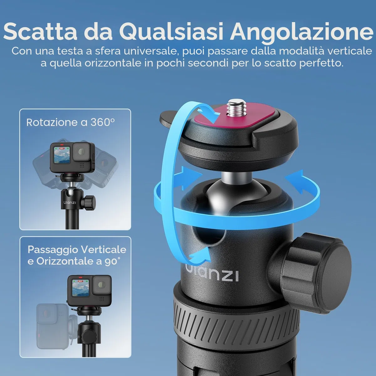 ULANZI TT24 Selfie stick treppiede 150 cm con 4 piedi, Apertura automatica, Cavalletto action cam a sgancio rapido CKA, Carico 1 kg, Compatibile con Insta360 ace pro X3 4 5, DJI Pocket Action, Go pro
