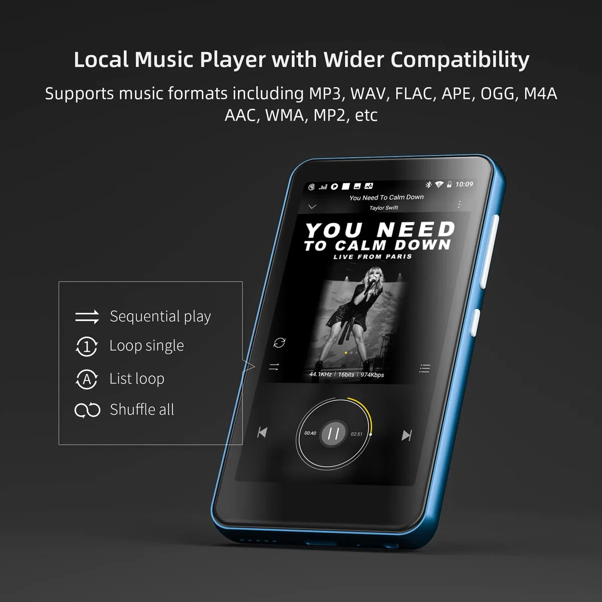 innioasis Lettore MP3 da 80 GB con Bluetooth e WiFi, Lettore musicale MP3 con Spotify, Amazon Music, Audible, Touch screen da 4 pollici, Streaming MP3 Android (blu-bianco)