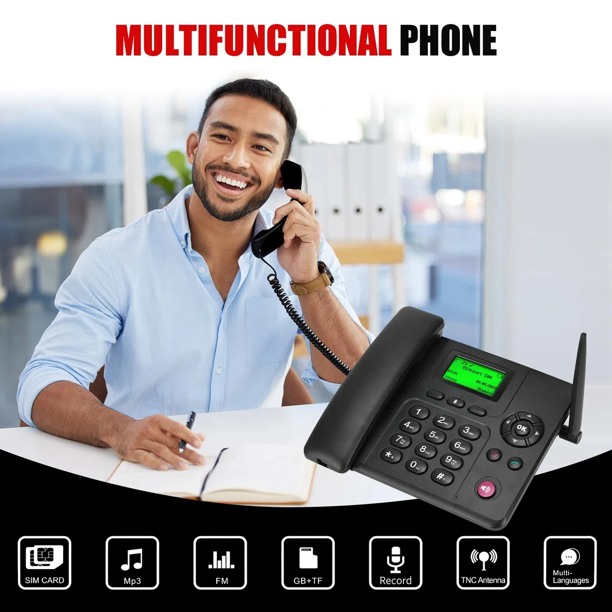 Lychee 2, 3, 4G Telefono Fisso Senza Fili: Dual SIM, Multilingue (Tedesco Incluso), Grande Schermo con Retroilluminazione, Telefono da Scrivania per Ufficio, Hotel o Uso Domestico