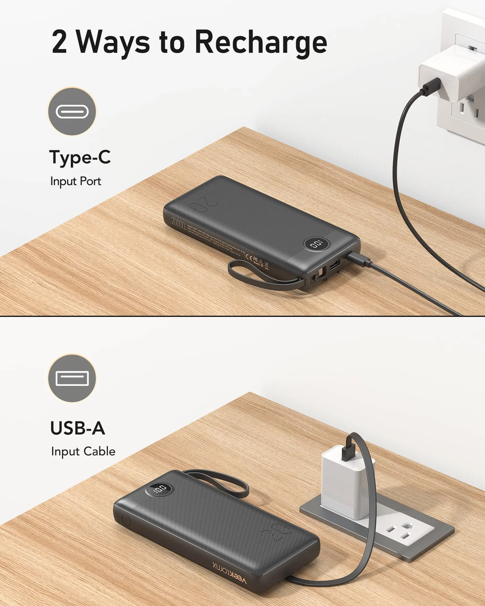 VEEKTOMX Power Bank 20000mAh Powerbank con Cavi Integrati Caricatore Portatile USB C Batteria Esterna con 5 Uscite e 2 Ingressi Compatibile con iPhone Huawei Xiaomi (20000mAh-Nero)