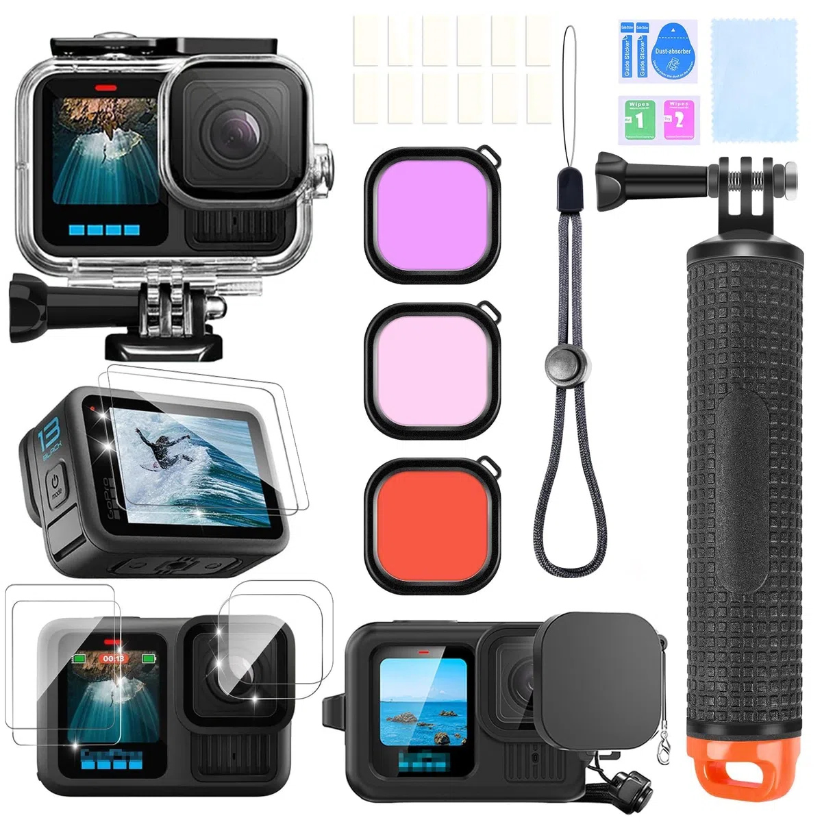 Kit di accessori per Gopro Hero 13, custodia impermeabile, impugnatura galleggiante, 2 set pellicola protettiva, guaina in silicone, filtri rossi, inserti anti-appannamento
