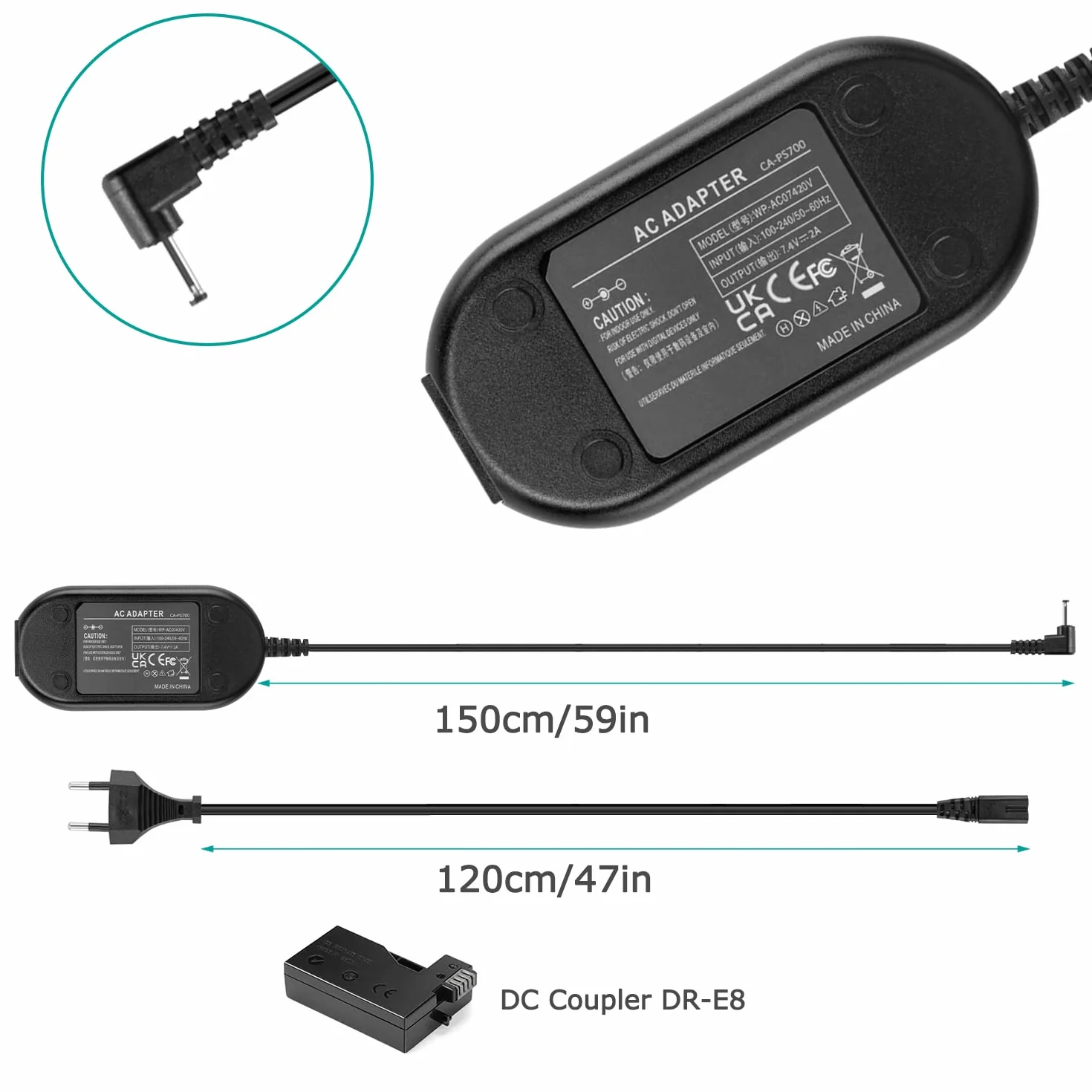 ACK-E8 Adattatore di alimentazione CA DR-E8 Accoppiatore CC LP-E8 Batteria fittizia per Canon EOS 550D 600D 650D 700D Rebel T2i T3i T4i Kiss X4 X5 X6i Fotocamere
