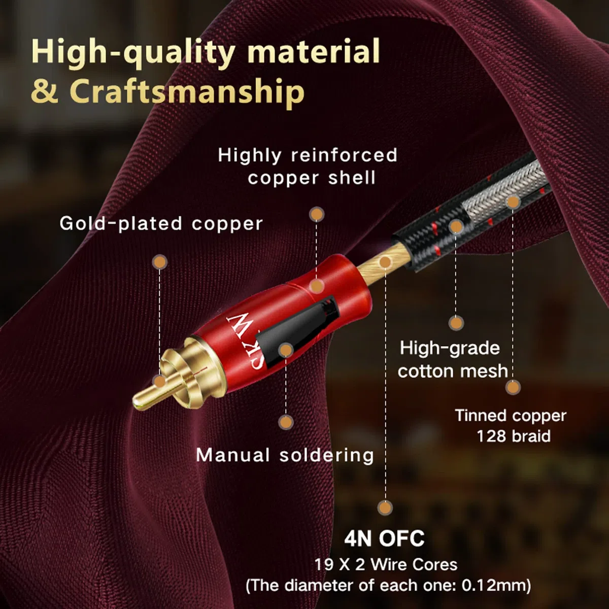 SKW Cavo jack da 3,5 mm a 2RCA, rame OFC - Cavo doppio schermato da RCA a jack per il collegamento di smartphone, tablet o PC all'amplificatore HiFi (2M, rosso)