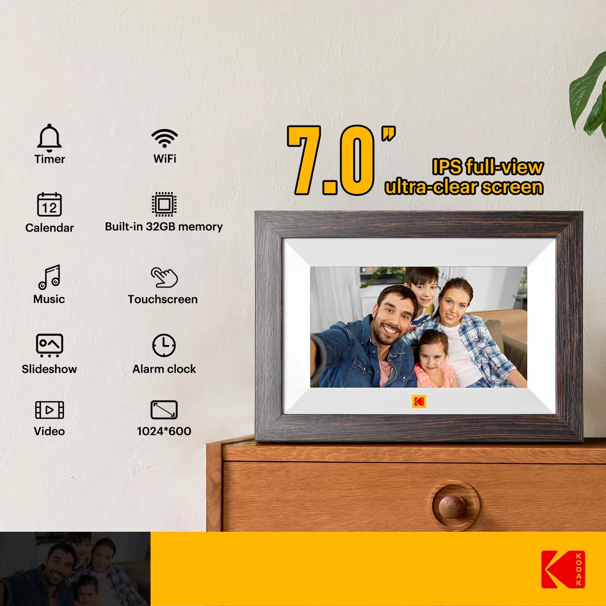KODAK Cornice Digitale WiFi Cornice Foto Digitale, 7 Pollici HD IPS Touchscreen, Legno Cornici Elettronica con 32GB di Memoria, Portafoto Digitale Condivisione di Foto/Video via APP o Cavo di USB C