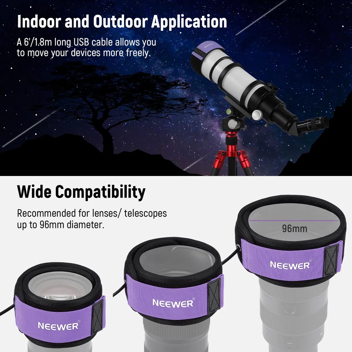 NEEWER Riscaldatore per Lenti a USB da 300mm con Tec. FPC per Astrofotografia con Telescopi e Obiettivi di Fotocamere DSLR, 3 Livelli di Temperatura, Evita Sovratensione/Rugiada/Nebbia/Condensa, HW-28