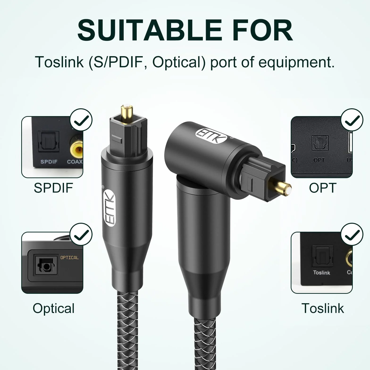 EMK Cavo Audio Ottico digitale angolo retto Cavo Toslink (Giunto placcato oro, 90 gradi fibra ottica, ottica a TOSLINK, 360 gradi girevole) cavi ottico per DVD, altoparlante, soundbar, TV (5 m)