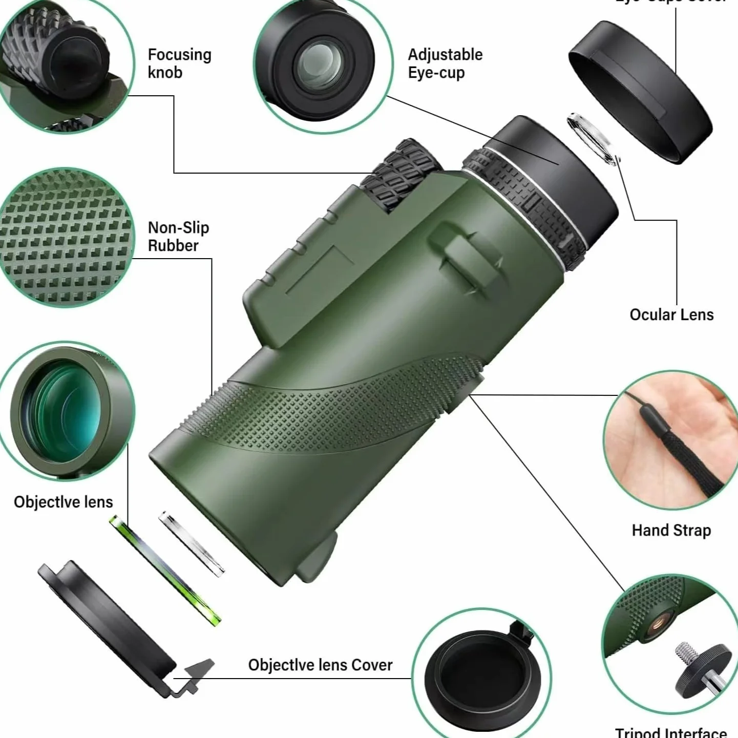 Monocolo 12x50, HD ad alta potenza Telescopio monoculare, BAK-4 Prisma e FMC Cannocchiale Monoculare, per watching caccia campeggio,escursionismo,concerti (Verdemilitare)