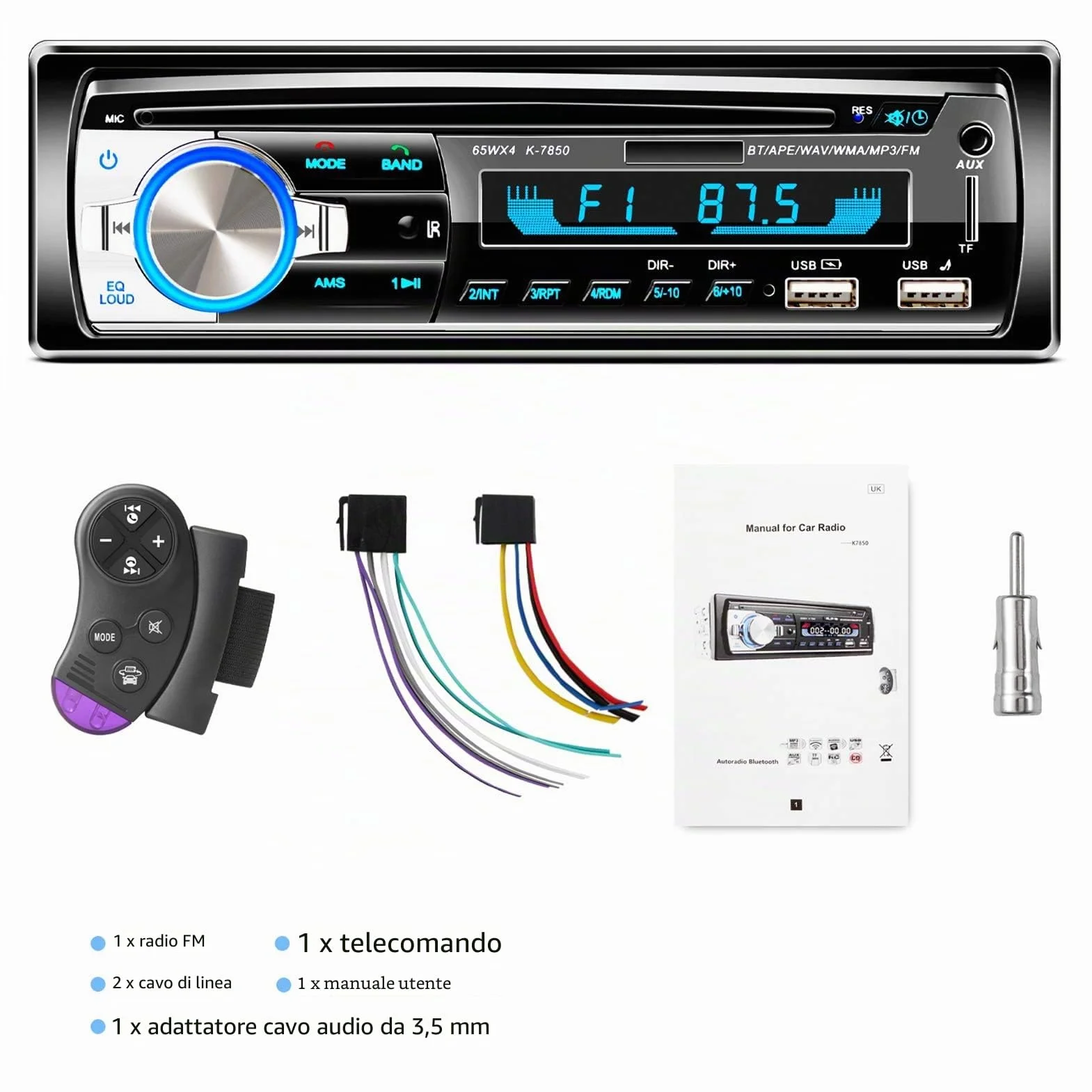 Autoradio Bluetooth vivavoce, Lifelf Radio stereo 4 x 65W 1 ricevitore radio per auto DIN con lettore MP3 Telecomando WMA FM, due porte USB, supporto iOS, Android (Non ha RDS/CD)
