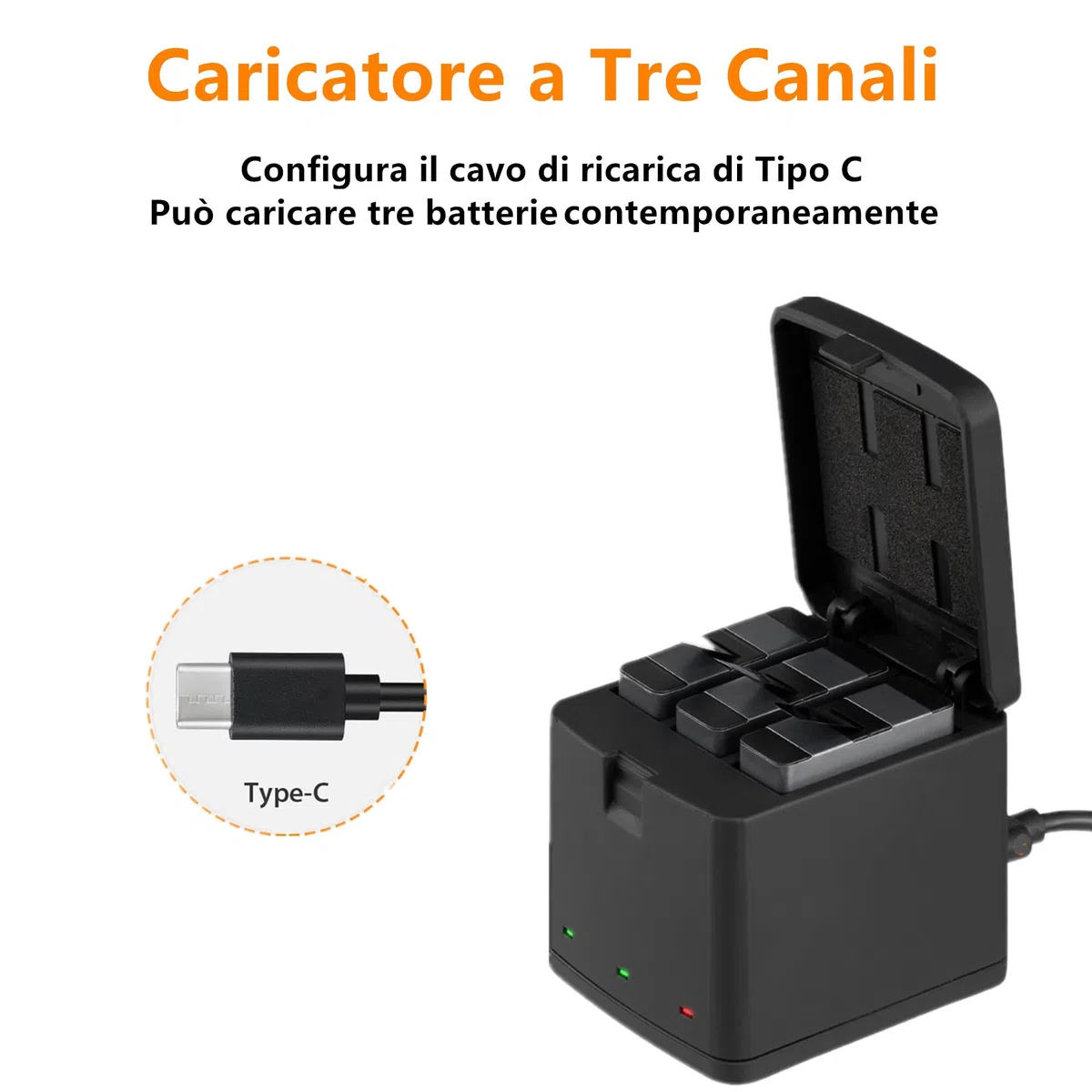 Vemico Hero 8 Batteria Caricabatterie Kit ­3 x 1500mAh Batterie di Ricambio e USB Tipo-C LED a 3 Canali Caricatore per Hero 7 Black/Hero 8 /Hero 6 /Hero 5/AHDBT-801