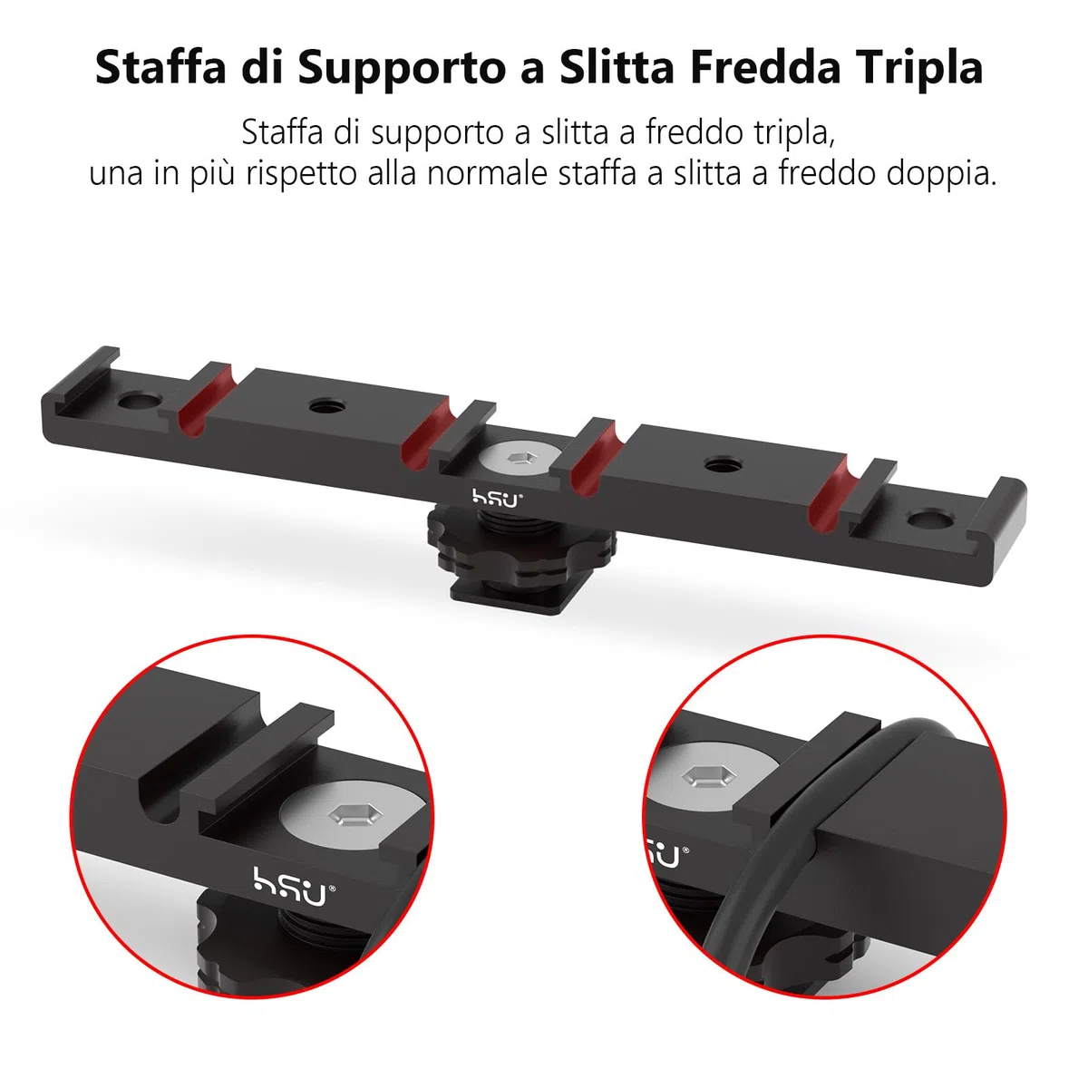 HSU Staffa Adattatore Scarpa Calda, Tripla Supporto Scarpa Fredda per Flash Esterno Microfono LED Monitor Video Accessori per Fotocamere (Modello più lungo)