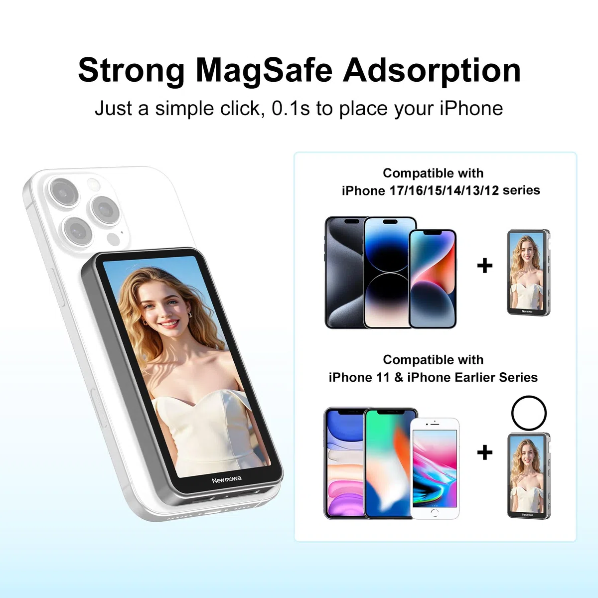 Newmowa Magnetico Telefono Selfie Vlog Touchscreen Monitor,con Zoom,Registrazione Wireless 1080p,Fotocamera Posteriore per Vlog TikTok,Compatibile iPhone(Registrazione 4K30fps Solo per iPhone 15/16/17