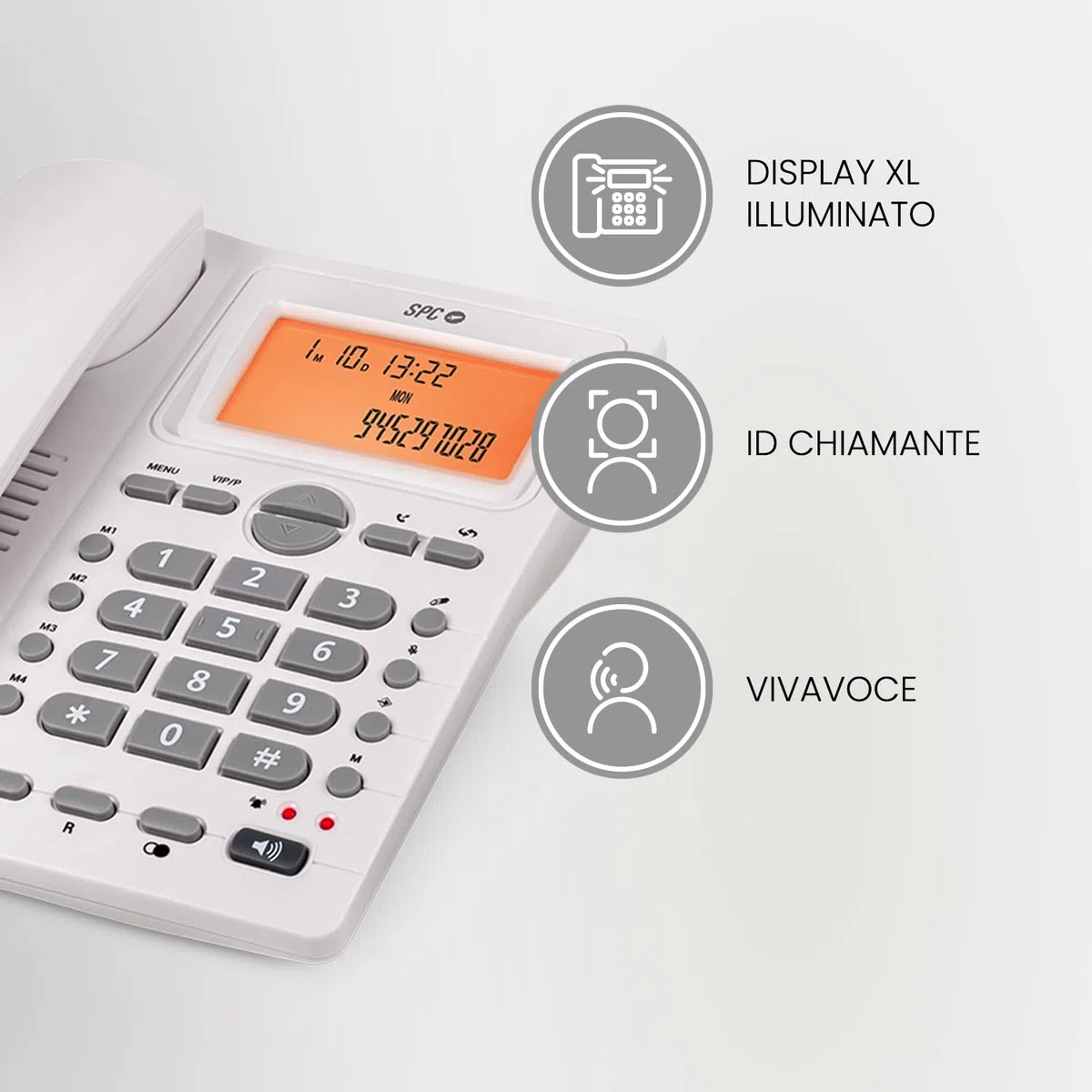 SPC Office ID 2 - Telefono fisso con display illuminato, 4 memorie dirette e 10 indirette, 2 livelli di suoneria, ID chiamante, segnale luminoso, vivavoce, da tavolo o a parete - Bianco