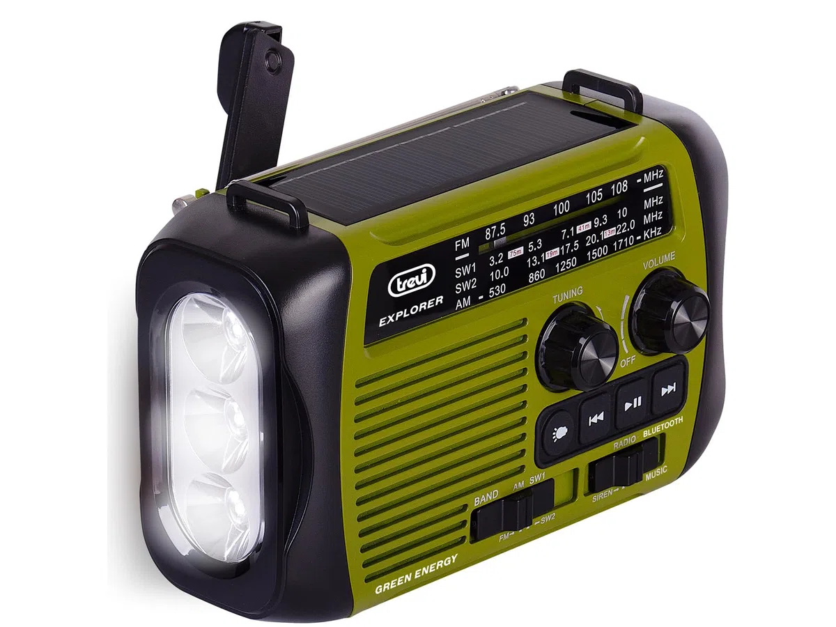 Trevi RA 7F30 BT Radio Portatile Multibanda FM/AM/SW con Lettore MP3 Wireless, Funzione Power Bank e Torcia LED, Ricarica Solare, a Dinamo o USB-C, Ideale per Emergenze, Campeggio, Viaggi, Verde