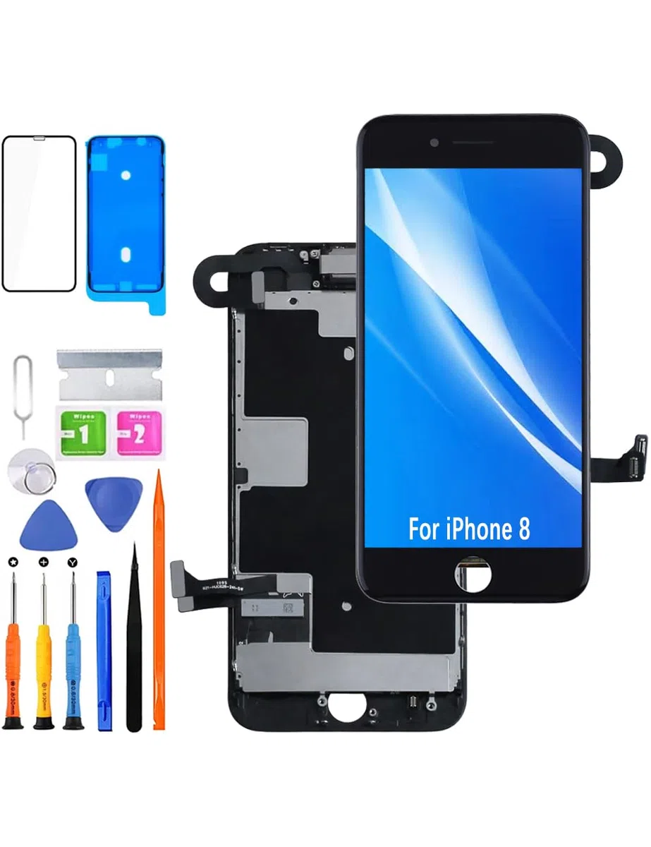Display per iPhone 8 LCD Schermo di ricambio FHD Touchscreen Digitizer Telaio Assemblaggio con Altoparlante auricolare, Fotocamera frontale, Sensore di prossimità, Adesivo impermeabile, Kit di