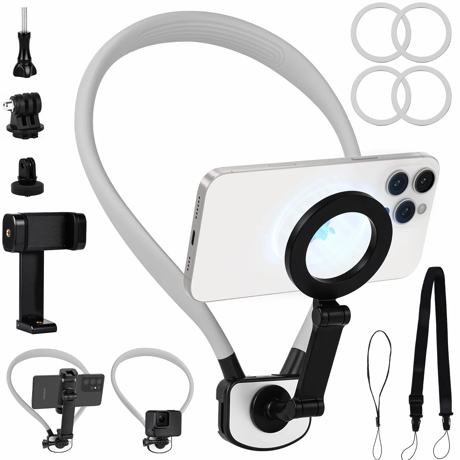 HOTUT Supporto Magnetico Selfie per Telefono da Collo, POV/Vlog Supporto per Telefono con Clip Telefonica, per Collo Registrazione Video per iPhone 16 15 14 13 Pro 12 Max Android