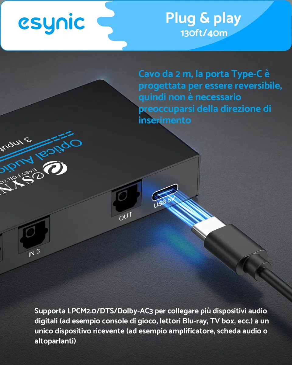 ESYNiC 3X1 Switch Toslink SPDIF con IR Telecomando e USB-C Cavo, Switcher Commutatore Audio Digitale Ottico 3 Ingressi 1 Uscita con Cavo Ottico, Supporta LPCM 2.0 DTS e Dolby AC3 Funziona Memoria
