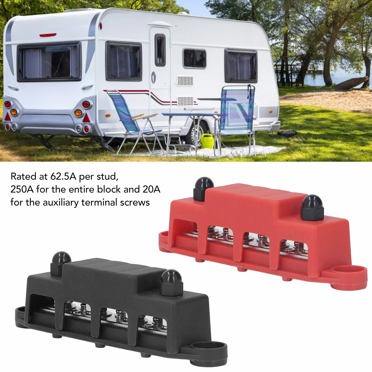 2Pcs Blocco di Distribuzione Alimentazione Rosso M8 48V 250A Barra del Bus con 4 Terminali e Scheda in Ottone per Sistemi di Alimentazione CC
