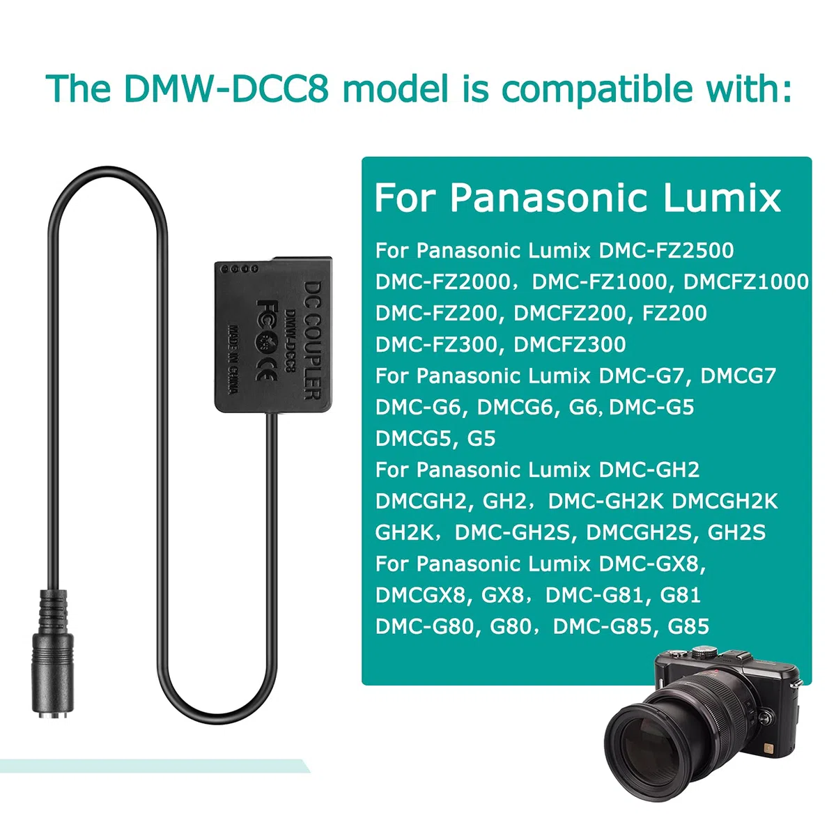 DMW-DCC8 Adattatore USB-C Accoppiatore batteria fittizia Kit adattatore PD Sostituisci batteria DMW-BLC12 per Panasonic Lumix DMC-FZ300 FZ1000 GH2 G5 G6 G7 G80 G81 G85 G90 G95