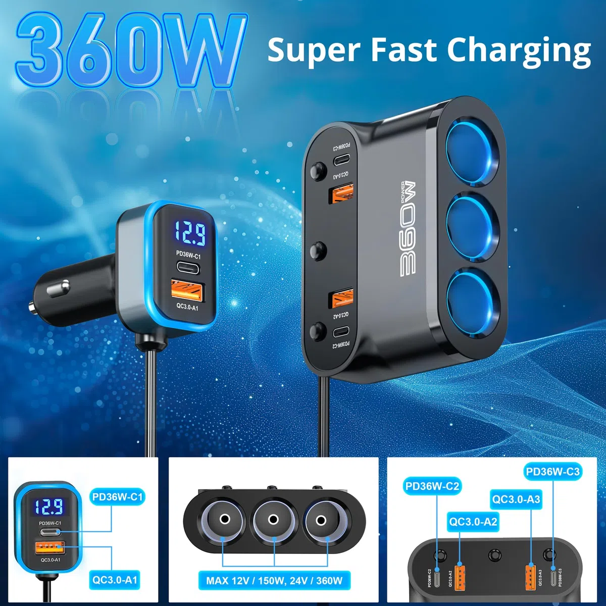 360W Avanzato 9 IN 1 Multi Presa Accendisigari Sdoppiatore per Auto, 36W PD USB Caricatore Adattatore Accendisigari 12V/24V con Interruttore Voltmetro Ricarica Rapida iPhone, Samsung, Dash Cam