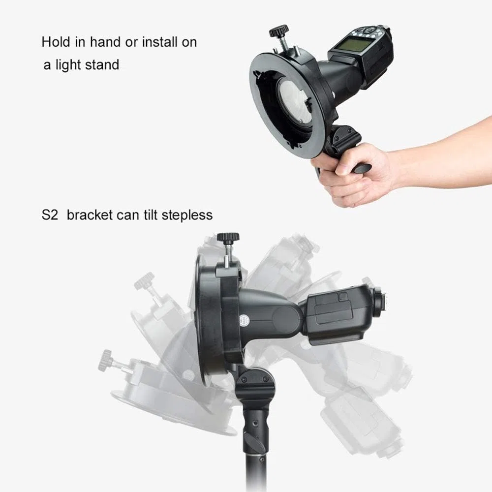 Godox S2 Speedlite Staffa Bowens Supporto di montaggio per AD400Pro, AD200Pro, AD200, Godox V1 Testa rotonda Speedlite, Serie V860II Serie TT350