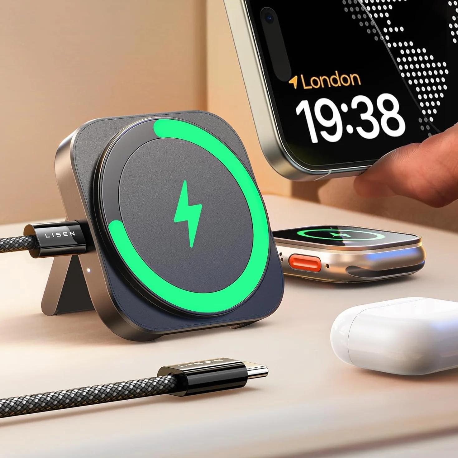 Caricatore Wireless per iPhone [Super Portatile] LISEN Stazione Ricarica per iPhone Apple Watch Airpods, Caricatore Magsafe Charger Apple Viaggi Accessori per Magsafe Stand per iPhone 16 15 Serie,Nero