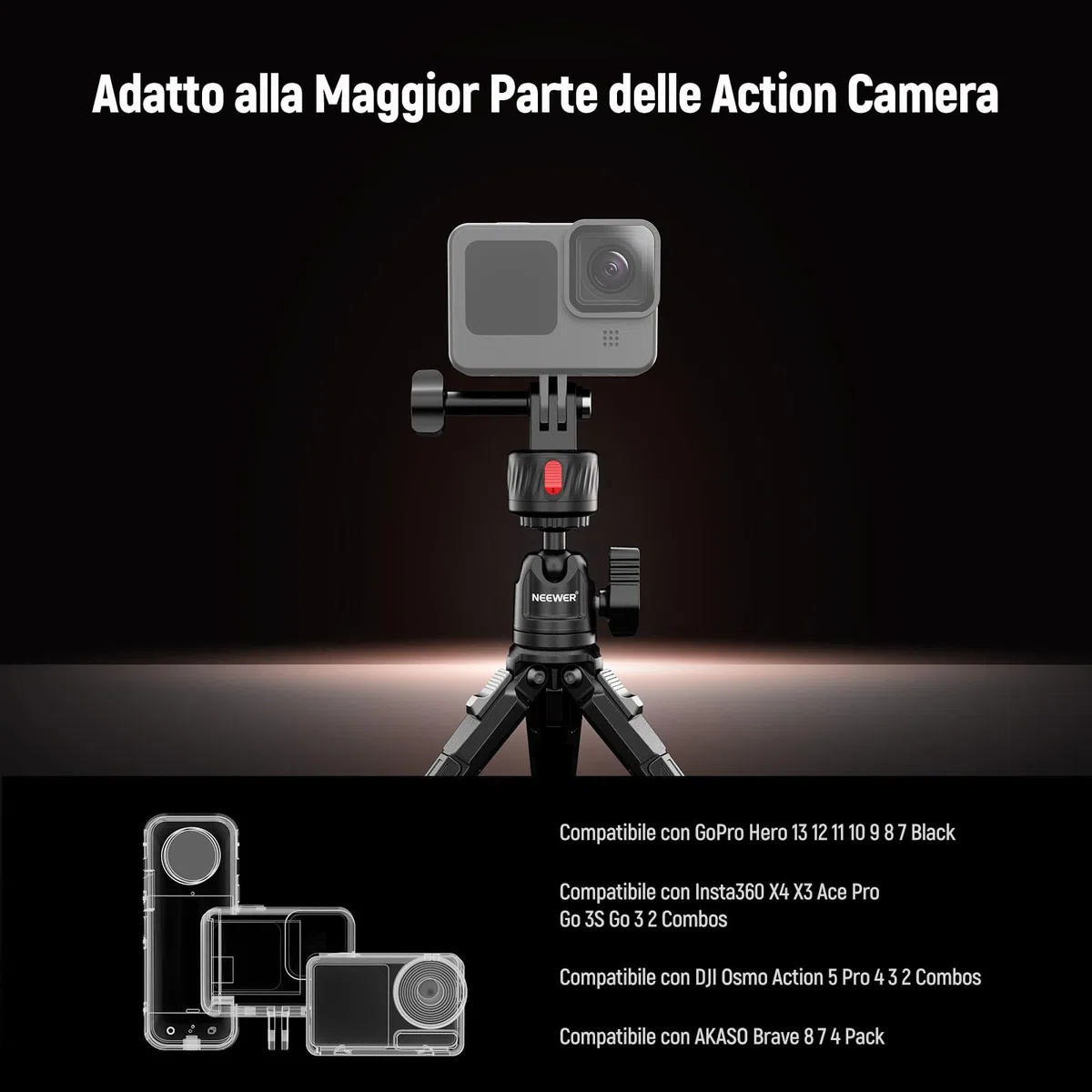 NEEWER GP-24 Kit Accessori di Supporto Action Camera per Riprese POV, Attacco Magnetico a Sgancio Rapido 4in1 in ABS con Filettatura 1/4" e Panno Pulizia Compatibile con GoPro DJI Osmo Action Insta360