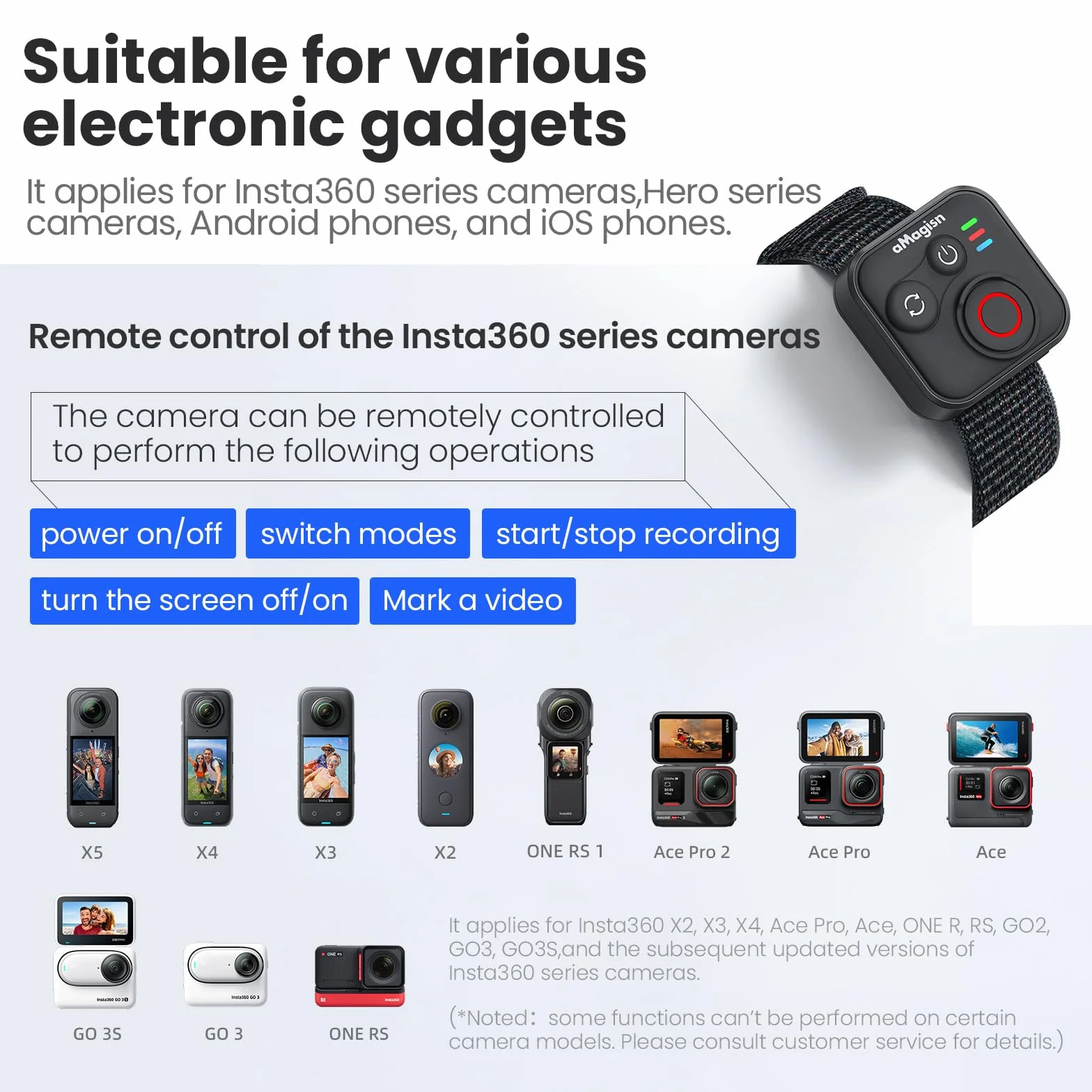 Telecomando Bluetooth per Insta360 Ace Pro 2 X5 ONE RS GoPro Hero 13 12 Telecomando Wireless con Cinturino da Polso Gamma 50M Accessori per Telecamera Intelligente Azione Impermeabile per Sport