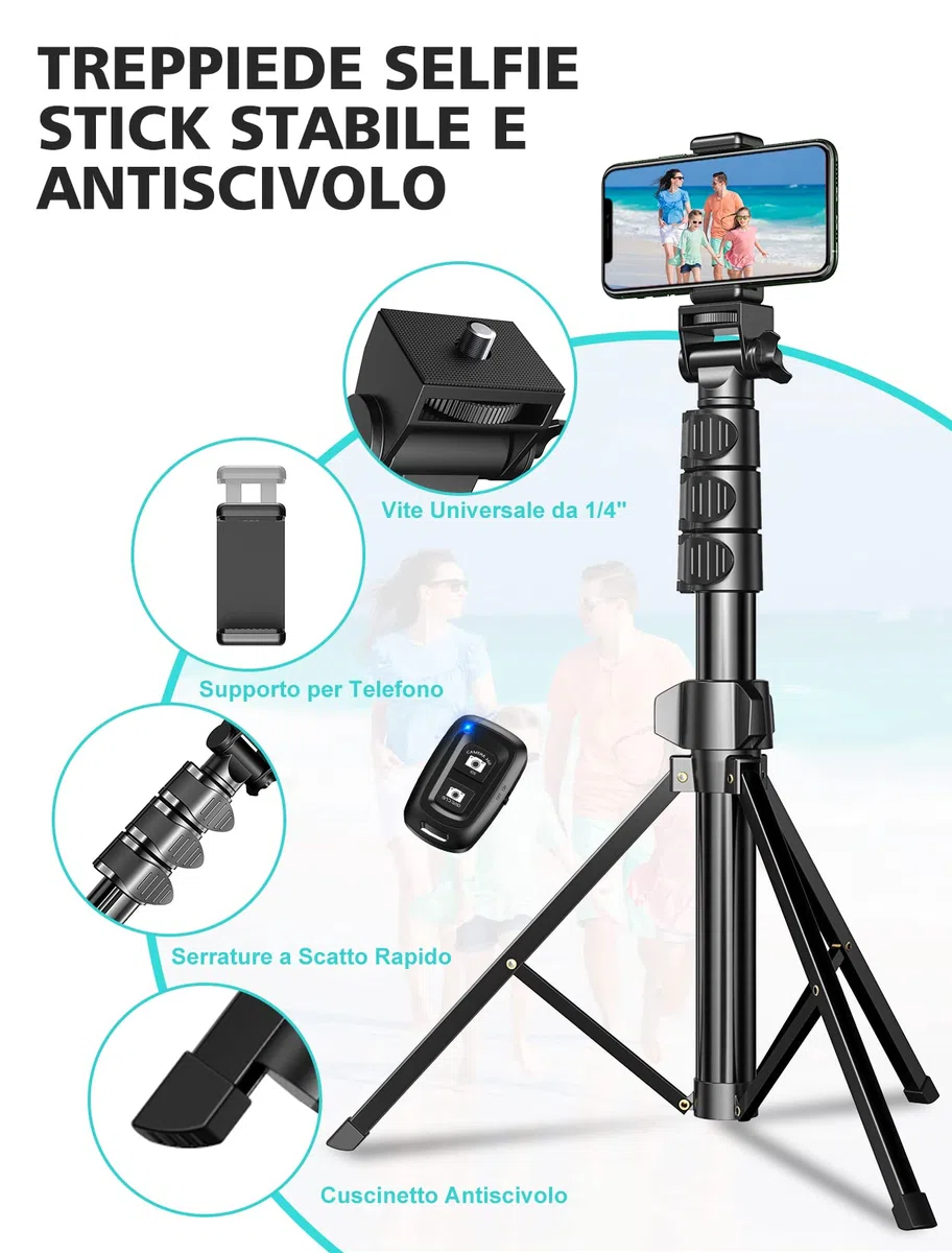 CIRYCASE 142cm/55.9" Treppiede Smartphone, Estensibile All-In-1 Bastone Selfie con Telecomando Bluetooth, Monopiede Fotocamera Compatibile con iPhone/Samsung, Perfetto per Registrazioni Video e Selfie
