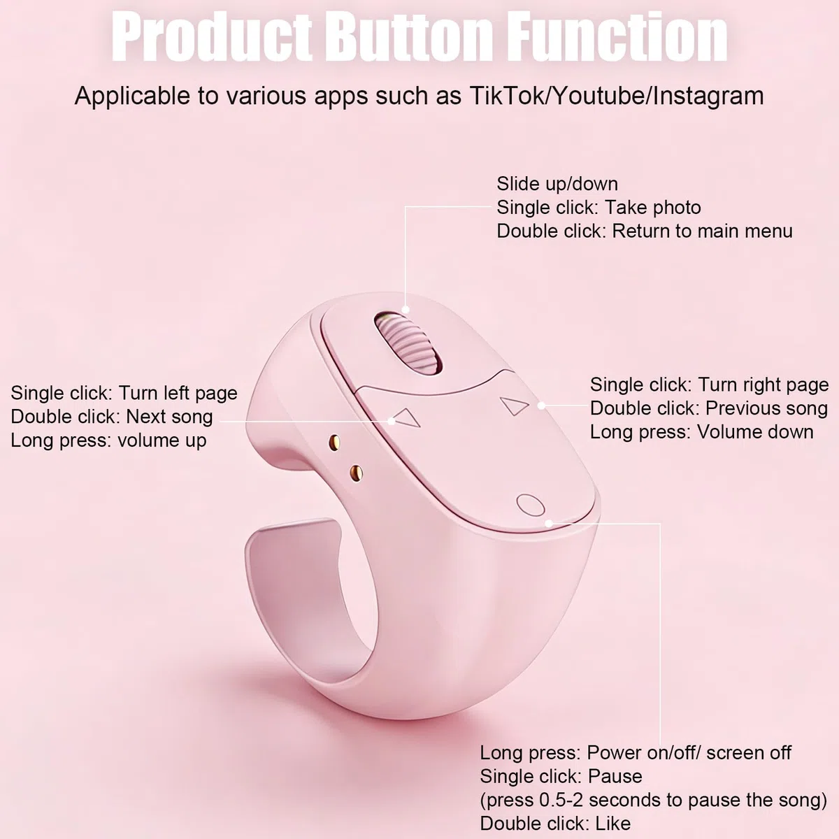 TikTok - Anello di scorrimento Bluetooth per tablet Kindle, iOS, Android, fotocamera, registrazione video, con caricatore (rosa)