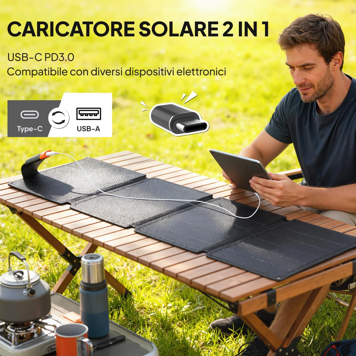 HOMCOM Caricabatteria Solare 36W, Caricatore Solare Pieghevole con Attacco Tipo-C e Adattatore da USB-A per Smartphone e Tablet, Impermeabile IP67 in ETFE, per Campeggio e Uso Esterno, Grigio
