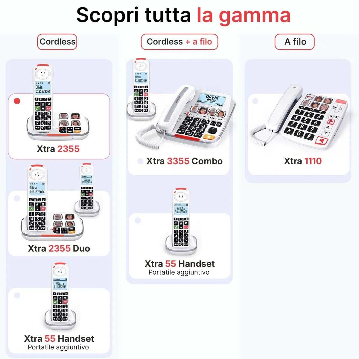 SWISSVOICE - Xtra 2355 - DECT - Telefono fisso cordless per anziani con segreteria - Tasti grandi - Audio Boost - Suonerie forti - Compatibile con apparecchi acustici - Blocco chiamate