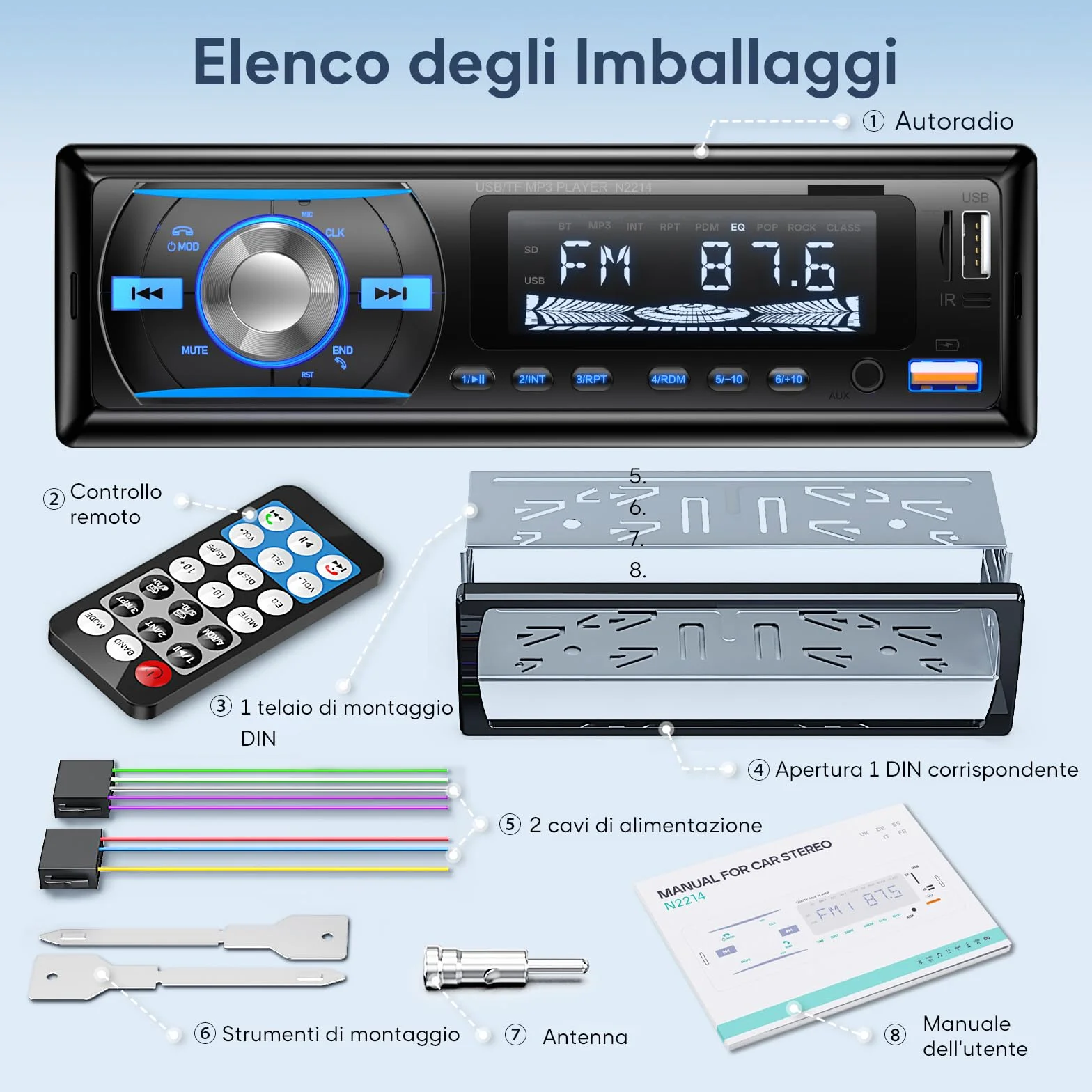 RDS Autoradio Bluetooth 5.0 con Vivavoce, Wistrue Stereo Auto Bluetooth con 2 USB/AUX/SD,Autoradio 1 DIN Supporta Lettore MP3/WMA/WAV, Compatibile con iOS e Android
