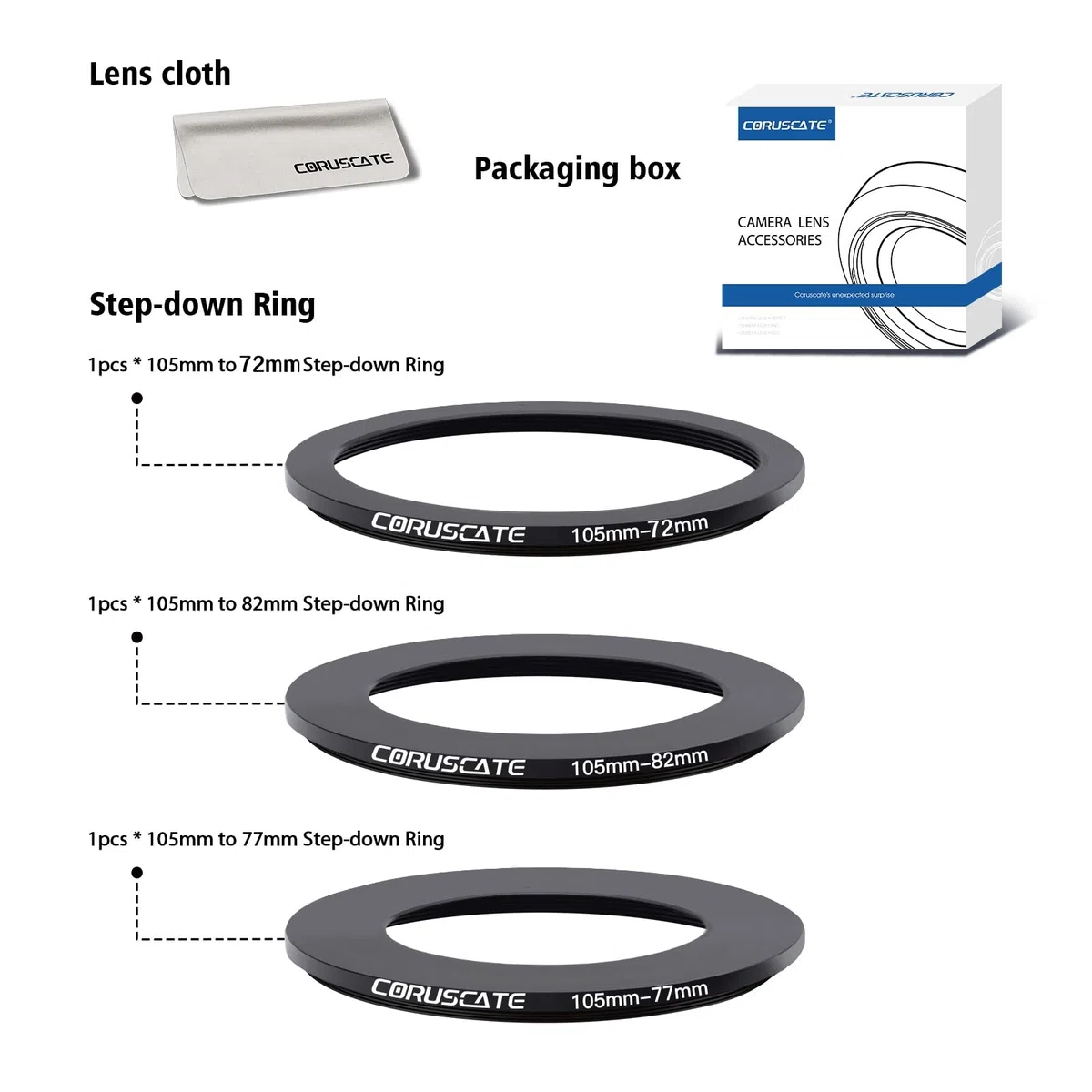 Set di 3 anelli filtranti da 105mm,Lo scopo è aumentare o diminuire il diametro della lente,Step-down Ring 105mm-95mm,105mm-82mm,105mm-77mm + panno per la pulizia dell'obiettivo