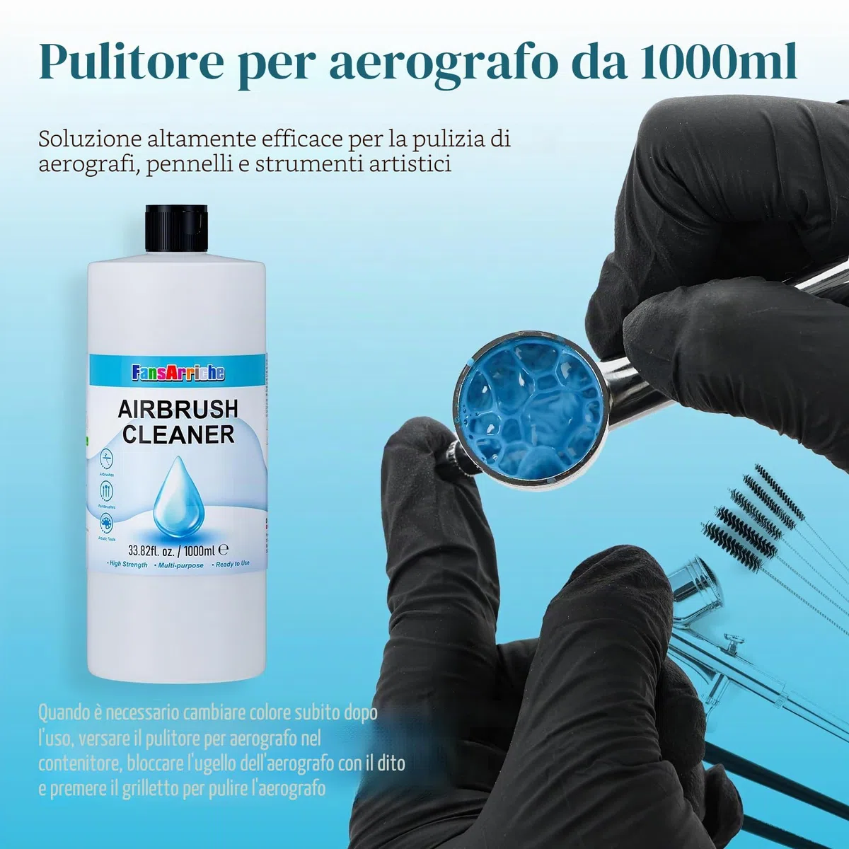 FansArriche Detergente per aerografo, flacone da 1000 ml, soluzione detergente multiuso ad azione rapida, ad alta resistenza, rimuove rapidamente vernice acrilica a base d'acqua, acquerello