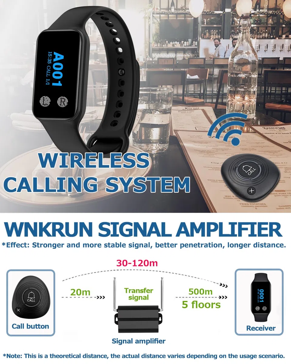 Sistema di chiamata wireless per camerieri per ristoranti e uffici, ricevitore wireless da polso con 1 cercapersone da orologio impermeabile e 2 pulsanti di chiamata (200VT+M2)