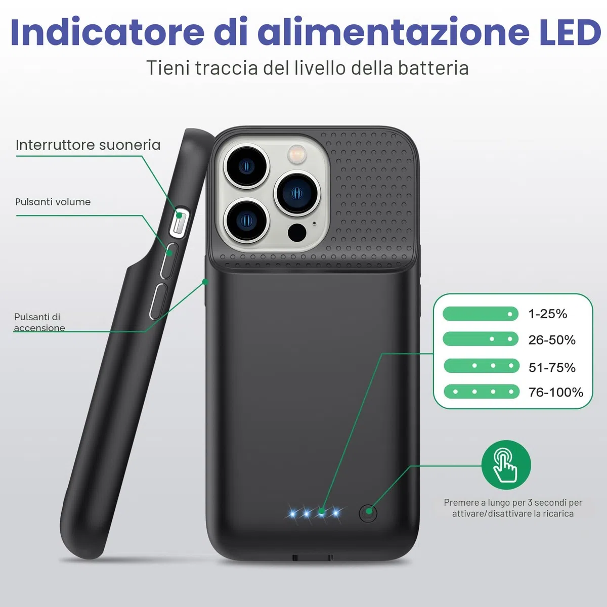 Custodia a batteria per iPhone 14/13 Pro/13, [7500 mAh] ricaricabile, con pellicola protettiva, caricabatterie portatile, potente power bank per iPhone 14/13 Pro/13