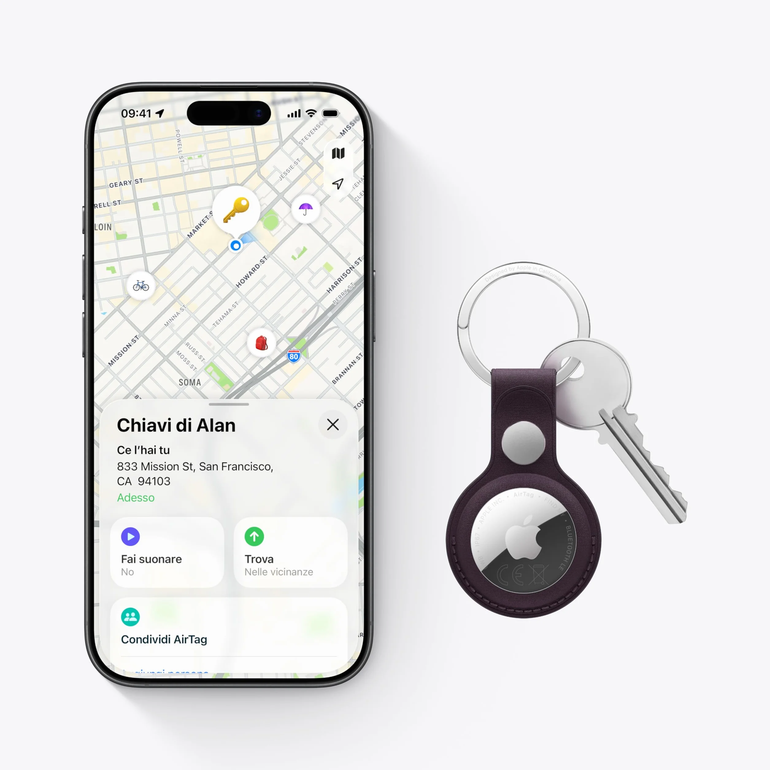 Apple AirTag (seconda generazione): utile per localizzare portachiavi, portafogli e molto altro; funziona emettendo un suono; si configura con un semplice tap da iPhone o iPad