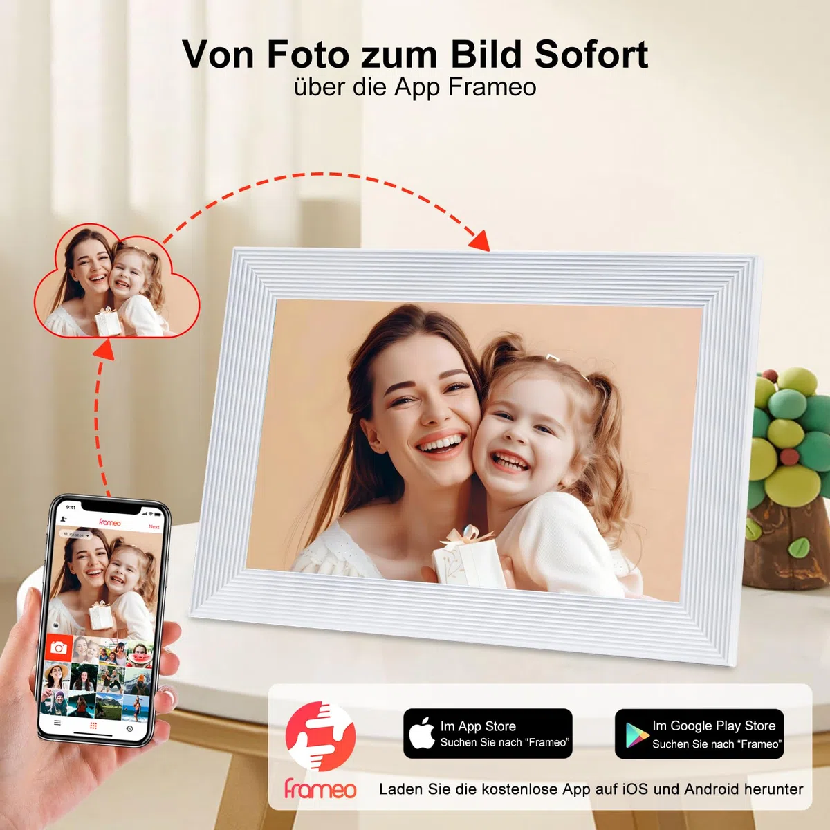 Frameo - Cornice digitale WiFi da 25,4 cm, memoria da 32 GB, con touch screen, rotazione automatica, montabile a parete, 1280 x 800 cm, cornice elettronica (bianco)