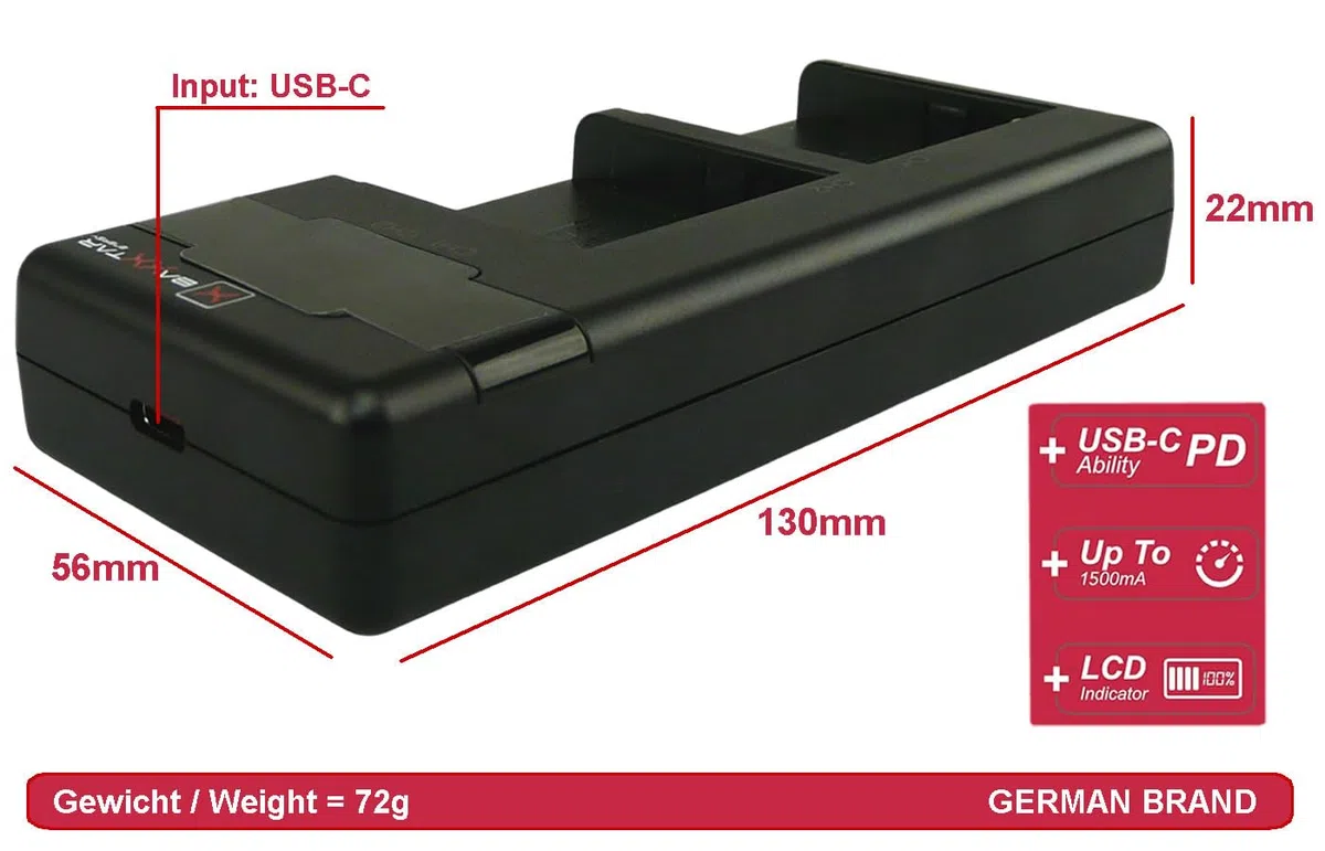 Baxxtar Premium Caricabatterie LCD USB-C (1500mA) compatibile con Sony NP FM50 F550 F750 F950 F970 FM500H QM71 batteria, Caricatore supporto QC & PD 3.0, ricarica rapida veloce con alimentatore 20W
