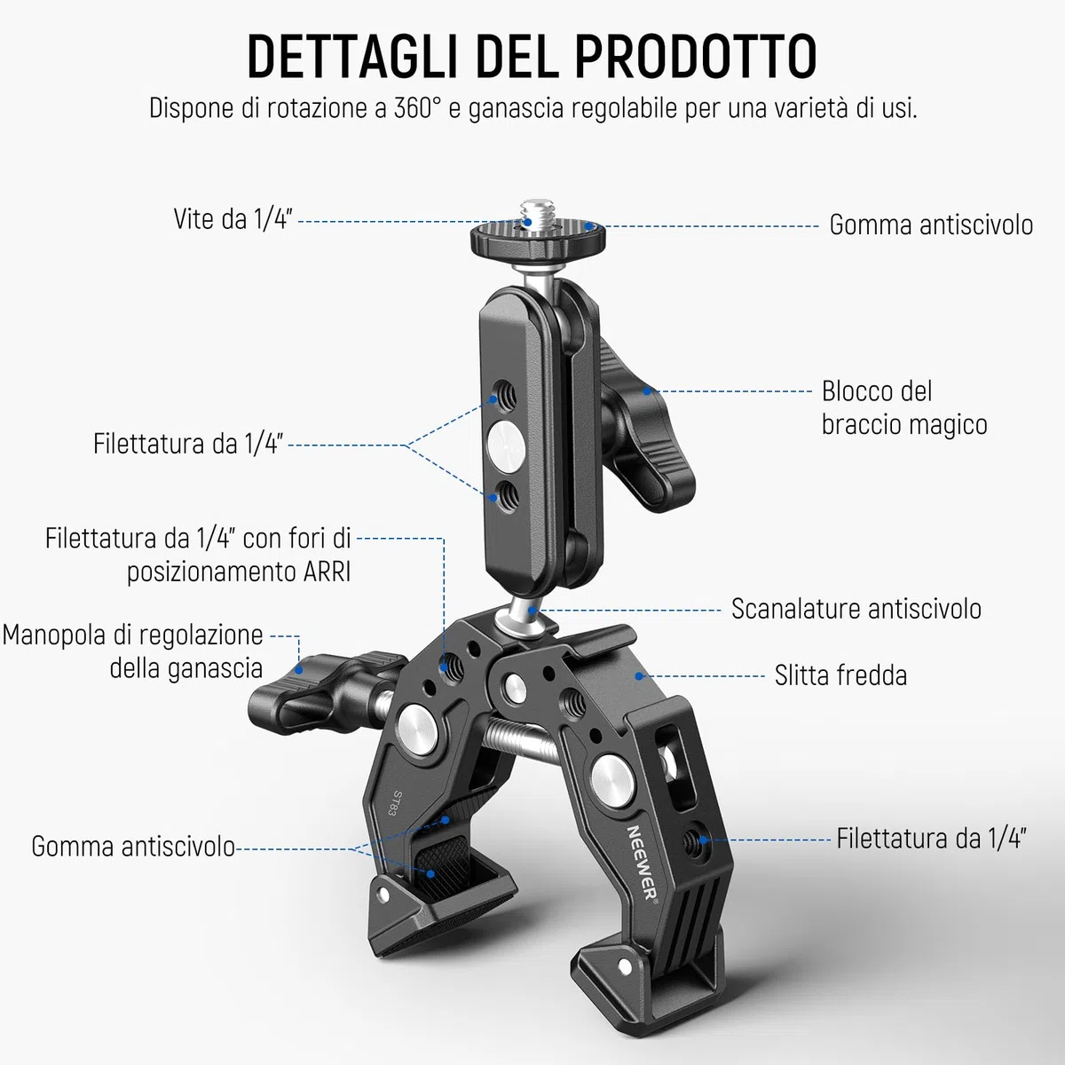 NEEWER Super Clamp con 3" Magic Arm a Doppia Testa Sferica, Cold Shoe, Filetto 1/4", Adattatore Telefono/Action Camera per Treppiede Tavolo Barra Aste Gimbal, Compatibili con SmallRig GoPro DJI, ST83
