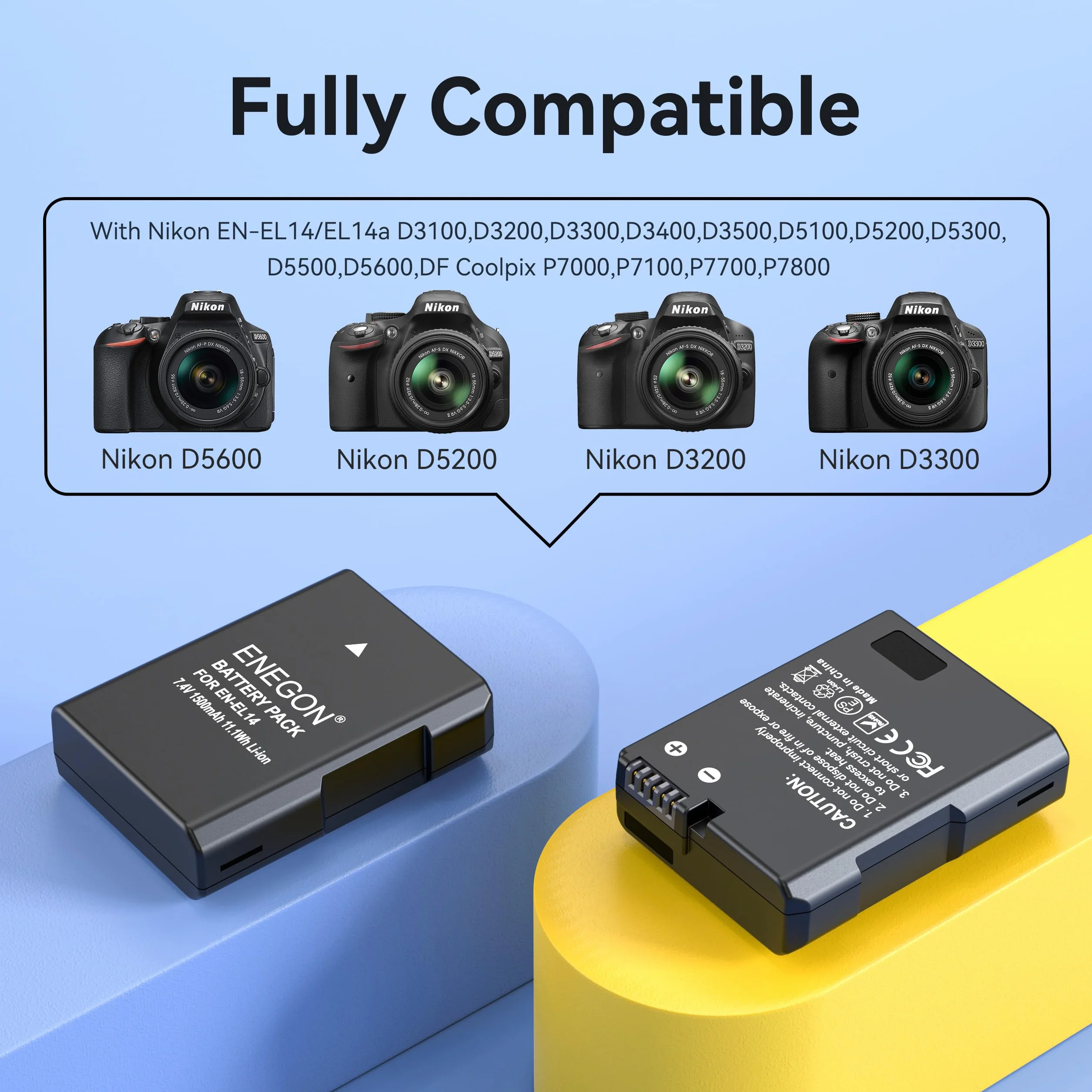 ENEGON 2X EN-EL14 Rechargeable Li-Ion Batteria per Nikon en-el14/el14a D5600 D5100 D5200 D5300 D5500 D3100 D3200 D3300 D3400 D3500 Coolpix P7000 P7100 P7800 Digital Camera
