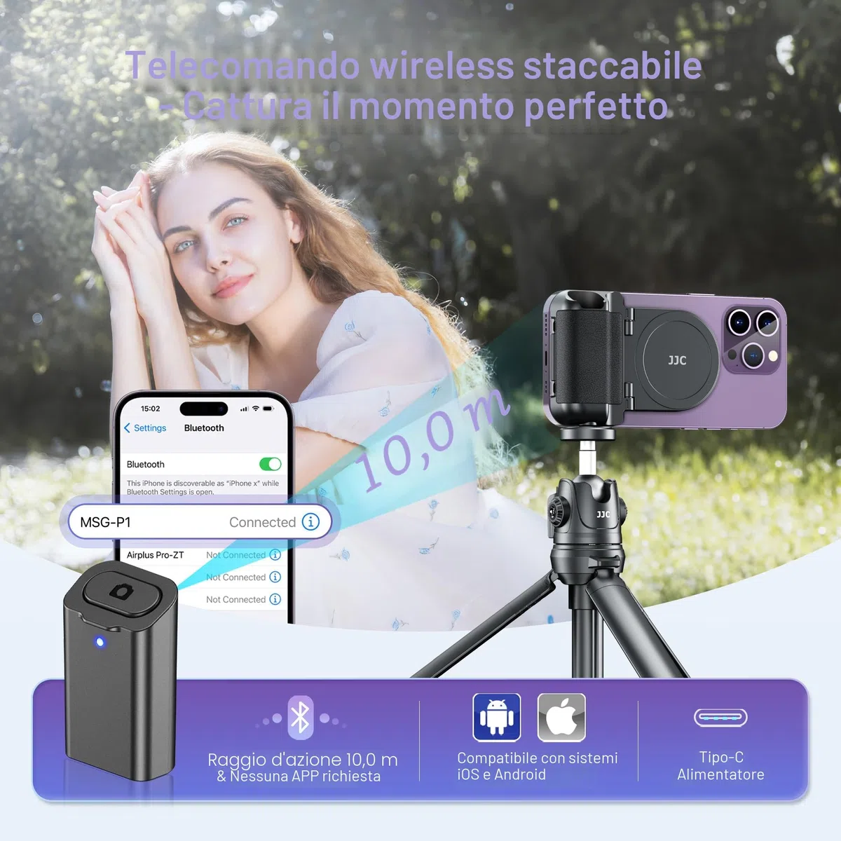 JJC Magnetico Impugnatura magnetica per cellulare con telecomando Bluetooth per iPhone 17 16 15 14 13 e smartphone Android, supporto per telefono e treppiede, colore: Nero