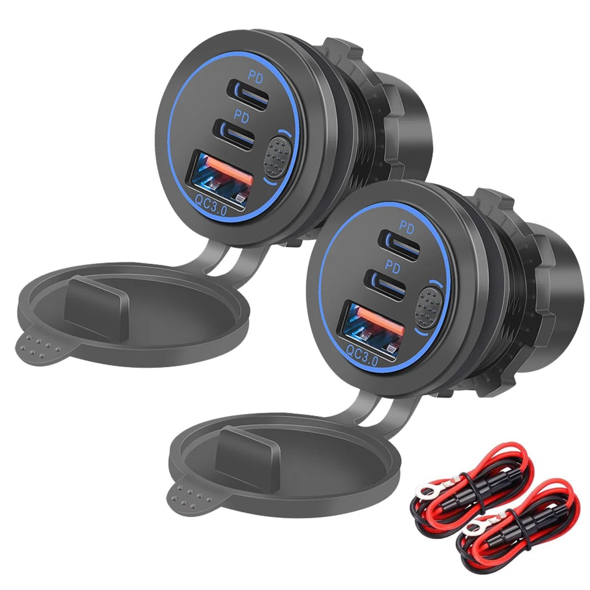 Presa USB 12V, 75W, PD e QC3.0 per Moto, Presa USB Impermeabile da Incasso 12-24V con Interruttore e Luce LED Blu, per Auto, Barche, Camion, Roulotte, Motociclette (2 Pezzi)