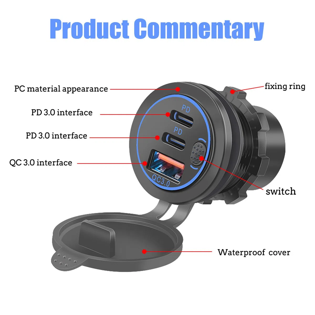 Presa USB 12V, 75W, PD e QC3.0 per Moto, Presa USB Impermeabile da Incasso 12-24V con Interruttore e Luce LED Blu, per Auto, Barche, Camion, Roulotte, Motociclette (2 Pezzi)
