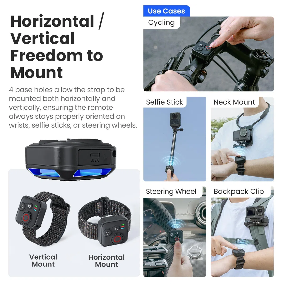 Telecomando Bluetooth per DJI Osmo Action 6/5 Pro/4/360/Insta360 Go Ultra/X5/X4 Air/X4/X3/Ace Pro 2/Ace Pro/GO3S/GO3/GoPro Max 2/Hero 13/12/11/IOS/Android Accessori 50 m Portata 96h Ricarica rapida