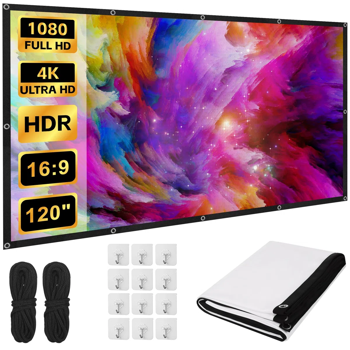 Tela per proiettore da 120", 16:9, HD, pieghevole, 265 x 150 cm, portatile, anti-pieghe, per esterni e interni, lavabile, per casa, scuola, riunioni, campeggio