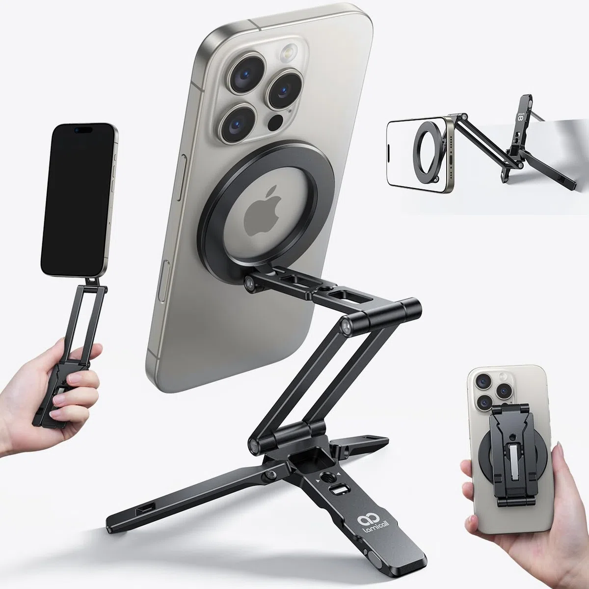 Lamicall 5 IN 1 Treppiede Smartphone, Mini Treppiede per Magsafe -[Compatto] Treppiede Tavolo Alluminio, Vite da 1/4"& Arca-Swiss, Porta Telefono Magnetico con Gancio Nascosto, Ideale per Vlog Viaggio