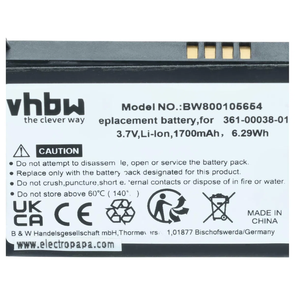 vhbw batteria sostituisce Garmin 361-00038-01, 010-11143-00 per navigatore GPS (1700mAh, 3,7V, Li-Ion)