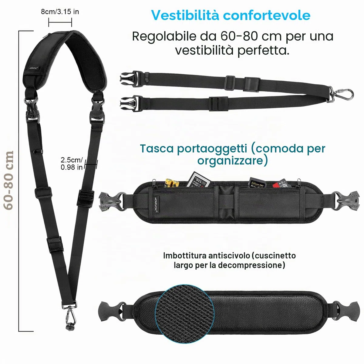 Arvok Tracolla Macchina Fotografica, Set di Tracolla Fotocamera e Cinturino da Polso, Cinghie per Fotocamera con Sgancio Rapido e Cordino di Sicurezza, Regolabile Tracolla per DSLR/SLR Fotocamera