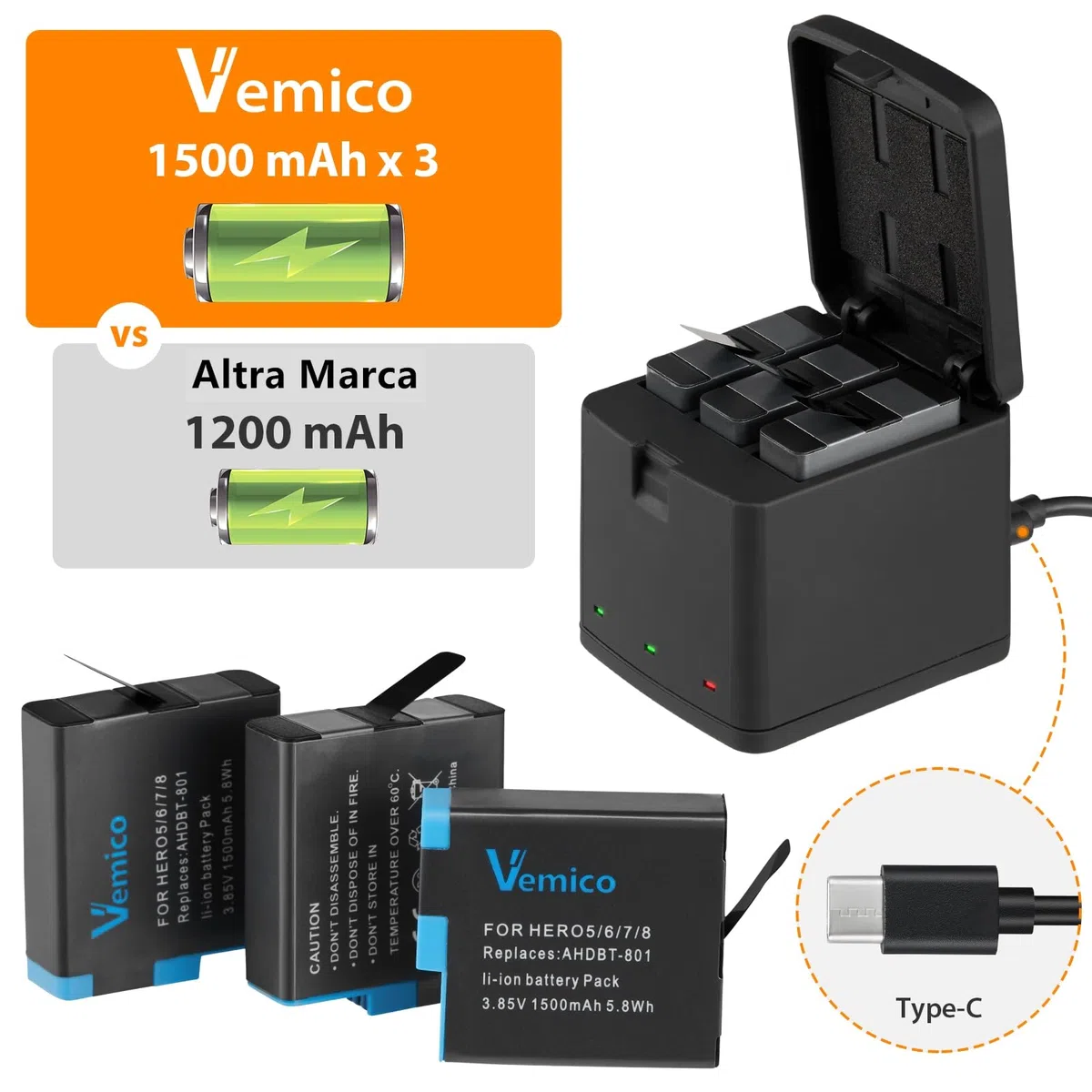 Vemico Hero 8 Batteria Caricabatterie Kit ­3 x 1500mAh Batterie di Ricambio e USB Tipo-C LED a 3 Canali Caricatore per Hero 7 Black/Hero 8 /Hero 6 /Hero 5/AHDBT-801
